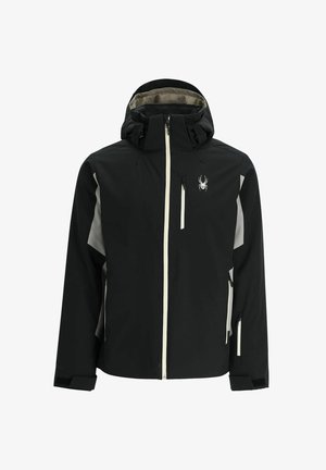 Schwarze wasserdichte Jacke mit Reißverschlus vorne, Kapuze, hellgrauen Akzenten und Spinnenlogo auf der Brust, entworfen für den Einsatz im Freien.