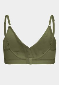 Olive green bra with triangular cups, adjustable straps, and a hook-and-eye closure. Smooth fabric with subtle seam detailing.