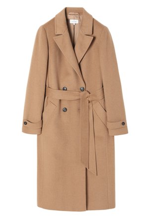 Brown wool overcoat with a belt, lapel collar, double-breasted front, and two side pockets. Features black buttons and a tailored fit.