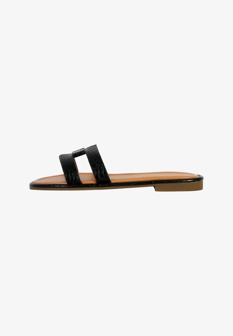 Black flat slide sandal with two textured straps and a minimalistic design. The sole is light brown with a smooth finish.