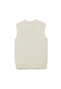 Ärmellose Strickweste in sanftem Cremeray. Mit geripptem Kragen und Saum, nahtlosen Schultern und einem strukturierten Muster im gesamten Design.