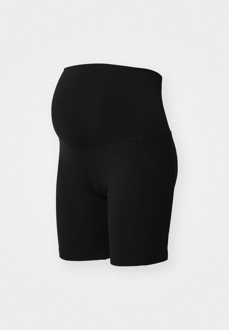 Shorts de maternité noirs extensibles avec une taille haute conçue pour accueillir un ventre de femme enceinte, présentés sur un fond uni.