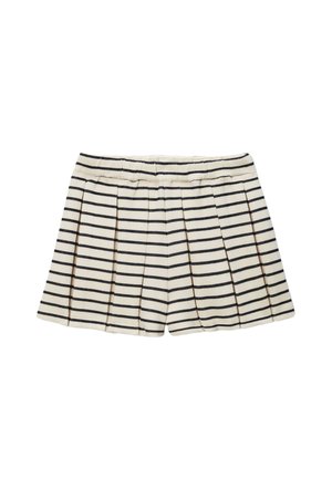 Shorts rayés avec un design plissé, fabriqués dans un tissu doux en crème avec des rayures horizontales navy, taille élastique pour plus de confort.