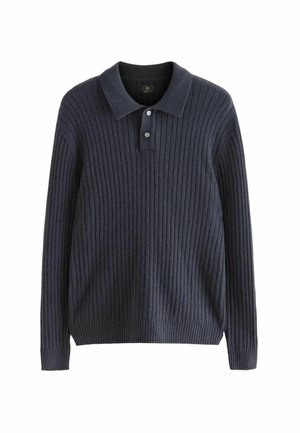 Marineblauer, gerippter Strickpullover mit Kragen, Drei-Knopf-Blende und langen Ärmeln. Weiche Textur in einer einfarbigen Ausführung.