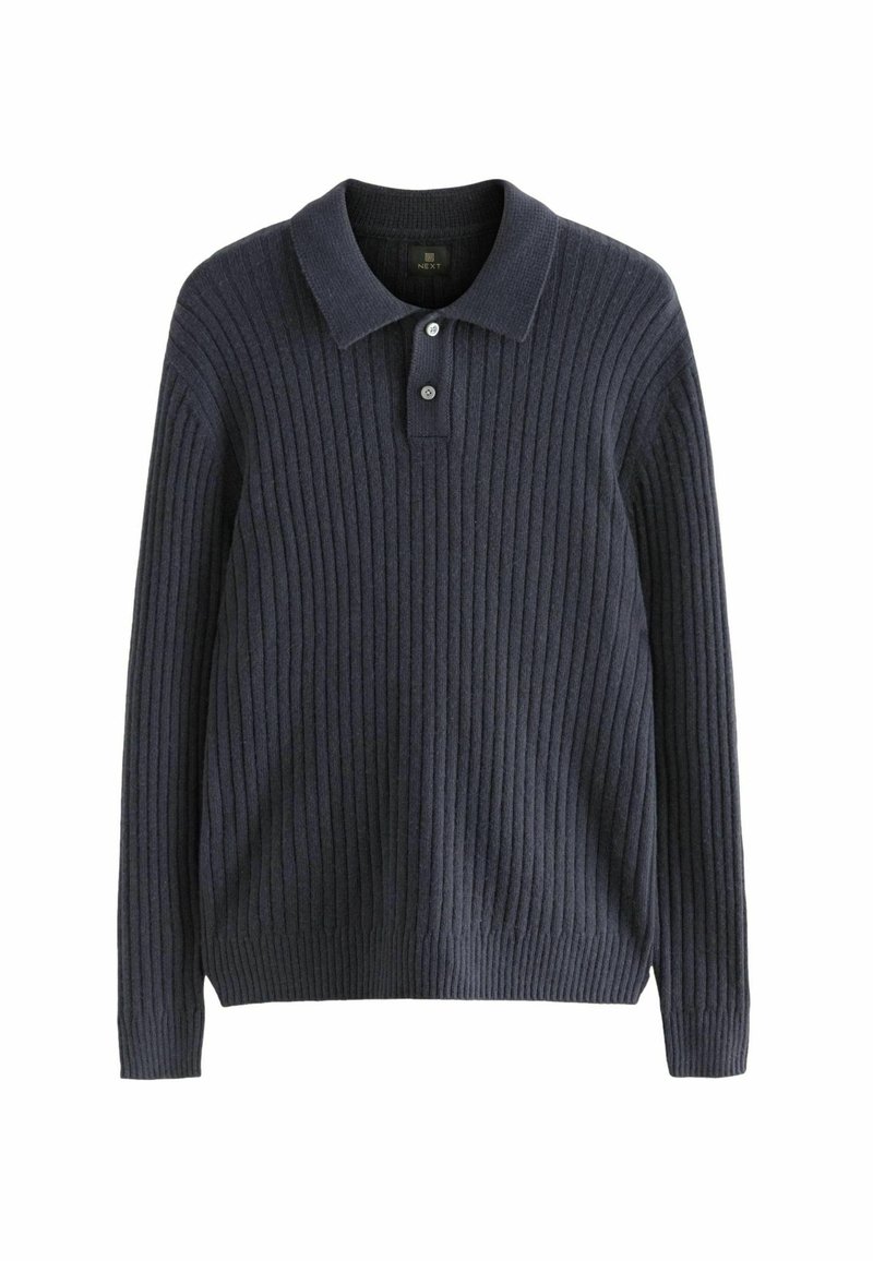 Marineblauer, gerippter Strickpullover mit Kragen, Drei-Knopf-Blende und langen Ärmeln. Weiche Textur in einer einfarbigen Ausführung.