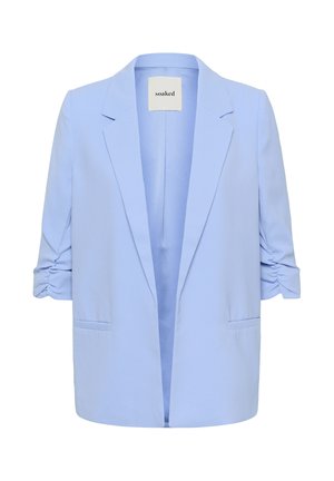 Light blue blazer with a notch lapel, open front, and ruched sleeves. Features two front pockets and a smooth fabric texture.