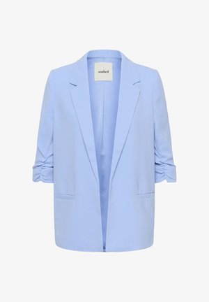 Hellblauer Blazer mit kleinem Revers, offenem Vorderteil und gerafften Ärmeln. Verfügt über zwei Fronttaschen und eine glatte Stoffstruktur.