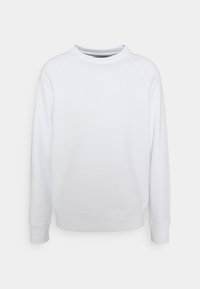 Sudadera blanca con cuello redondo, mangas raglán largas y puños acanalados, que presenta una textura suave y lisa y un diseño minimalista.