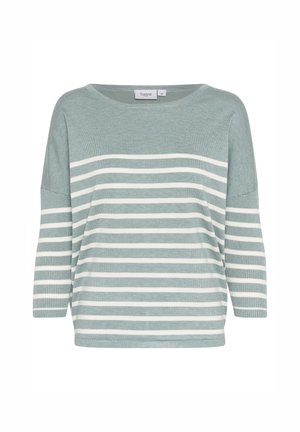 Šviesiai mėlyna dryžuota megztinis su ilgomis rankovėmis. Horizontalios baltos juostos eina per kūną, megztinis turi plačią apykaklę ir pynimo tekstūrą.