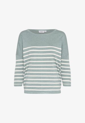 Suéter a rayas azul claro con mangas largas. Rayas blancas horizontales recorren el cuerpo, presentando un escote ancho y una textura de punto.