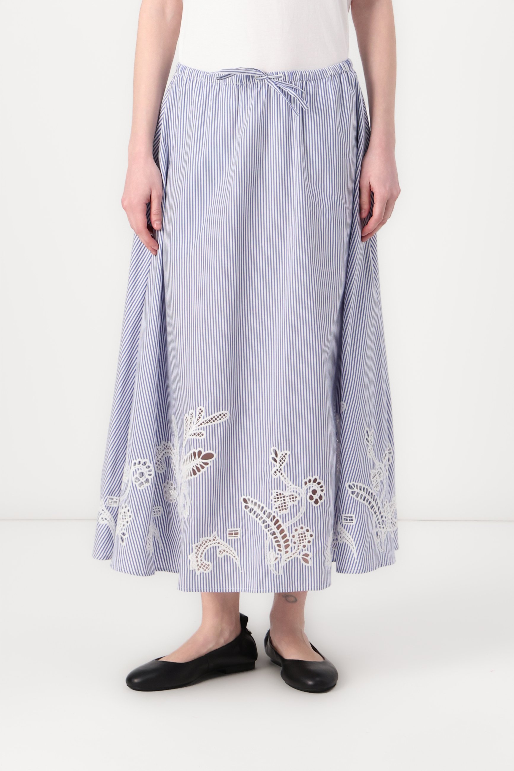 Jupe Midi Femme Noire En Coton Avec Broderie Et Lin, Taille élastique, Mode été