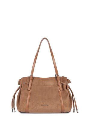 Sac à main en daim marron avec deux longues lanières en cuir, cordons latéraux et petit logo métallique au centre devant.