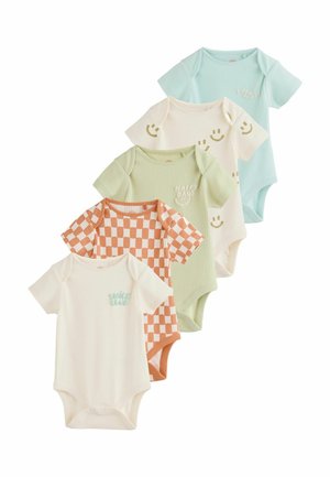 Fünf kurzärmelige, gerippte Baby-Strampler in Pastellblau, Creme mit Smiley-Gesichtern, Grün mit "Happy Days", Orange kariert und Creme mit dem Aufdruck "Smile More".