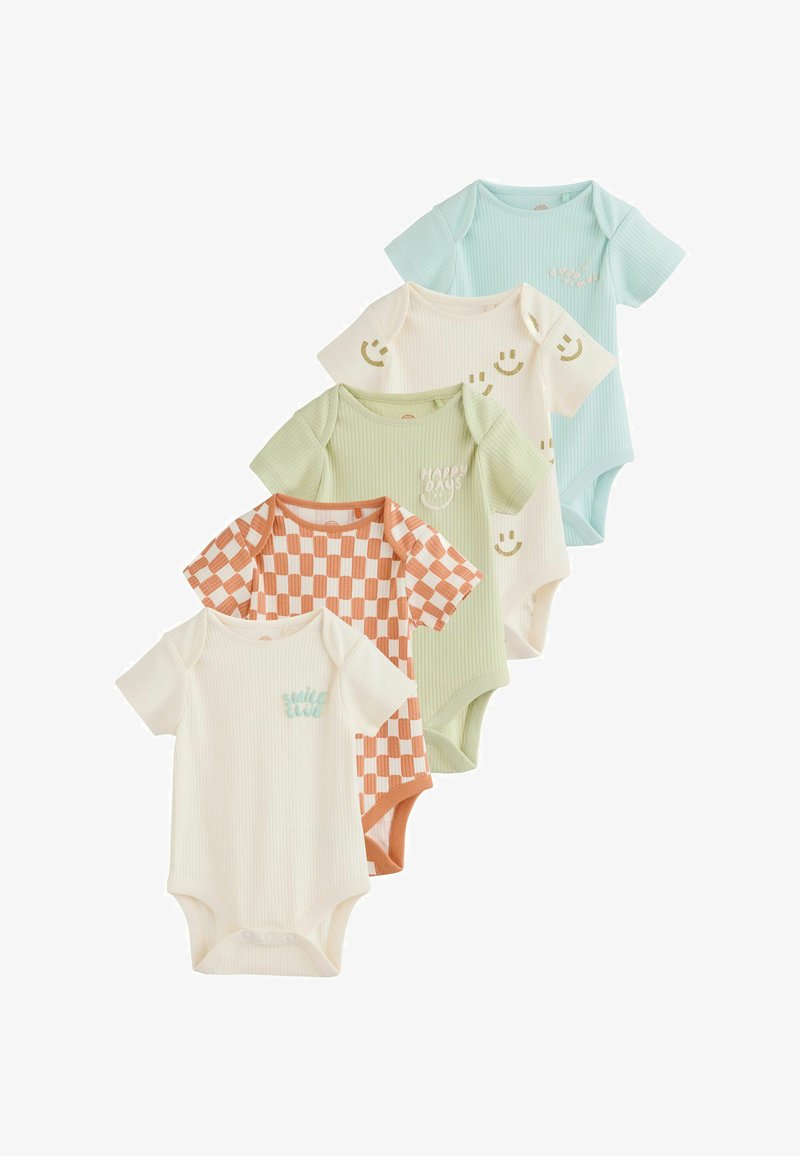 Cinq bodies pour bébé à manches courtes en tissu côtelé, en bleu pastel, crème avec des visages souriants, vert avec l'inscription « Happy Days », orange à carreaux et crème avec le texte « Smile More ».
