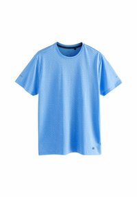 Lyseblå T-shirt med korte ærmer lavet af åndbart stof, med et geometrisk mønster og en rund halsudskæring for en afslappet pasform.