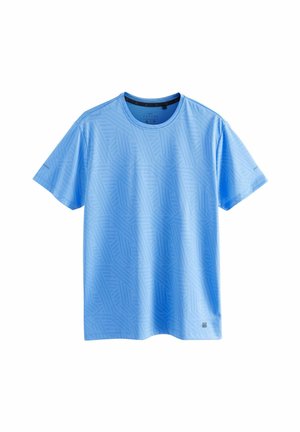 Lyseblå T-shirt med korte ærmer lavet af åndbart stof, med et geometrisk mønster og en rund halsudskæring for en afslappet pasform.