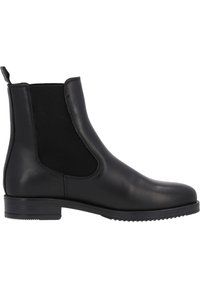 Botas Chelsea de cuero negro con paneles laterales elásticos y una tira de tiro, que presentan una puntera redondeada y una suela de goma plana con agarre.