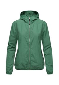 Veste légère à capuche en tissu vert uni. Comprend une fermeture éclair complète, des poignets élastiques et des poches latérales. Texture lisse, design décontracté.