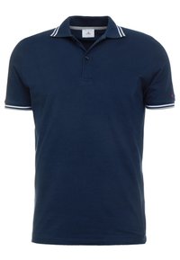 Polo de color navy en mezcla de algodón, con un cuello con rayas blancas, tapeta de dos botones y puños a rayas en contraste.