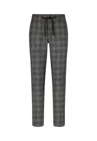 Pantalons à motifs carreaux gris en tissu doux, dotés d'une taille élastique avec cordon de serrage pour un ajustement réglable.