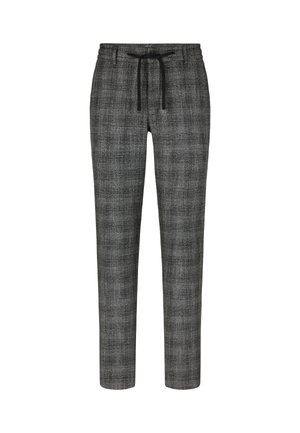 Grau karierte Hosen aus einem weichen Stoff, mit einem elastischen Bund und einem Kordelzug für eine verstellbare Passform.