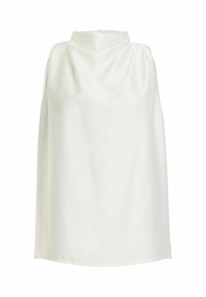 Blusa blanca sin mangas con cuello alto drapeado y suaves pliegues, hecha de tela lisa, exhibida sobre un fondo blanco liso.