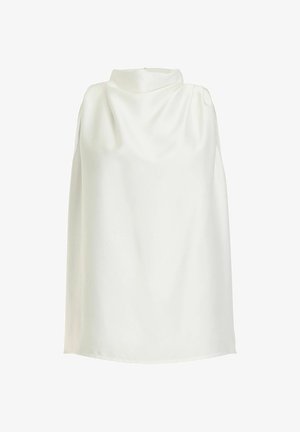 Blusa blanca sin mangas con cuello alto drapeado y suaves pliegues, hecha de tela lisa, exhibida sobre un fondo blanco liso.