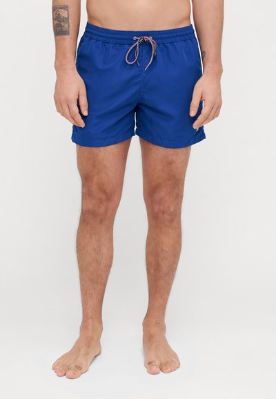 Shorts de bain bleus en matériau léger, dotés d'une taille élastique avec cordon de serrage et d'un design simple de couleur unie.