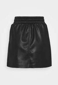 Svart läder mini kjol med en rynkad elastisk midja, med en slät textur och rena linjer, idealisk för mångsidig styling.