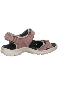 Pink leather sandal with adjustable straps, cushioned insole, and a textured rubber sole, featuring cut-out accents and a supportive design.