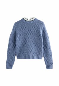 Blauwe gebreide trui met een textuurpatroon, ronde halslijn en geribbelde zoom. Beschikt over ingewikkelde steekwille details en lange mouwen.