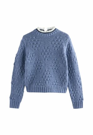 Blauwe gebreide trui met een textuurpatroon, ronde halslijn en geribbelde zoom. Beschikt over ingewikkelde steekwille details en lange mouwen.