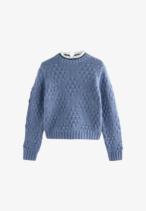 Blauer gestrickter Pullover mit strukturiertem Muster, rundem Ausschnitt und geripptem Saum. Verfügt über aufwendige Stichdetails und lange Ärmel.