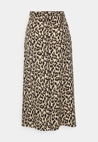 Leopardmönstrad kjol i mjukt tyg, med rak silhuett, hög midja och knälängd i svart och beige nyanser.