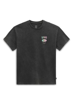Camiseta negra de manga corta Vans con gráfico de ojo y media luna en colores pastel sobre tres estrellas en el pecho izquierdo.