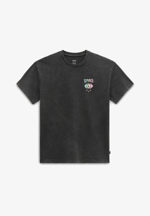 Black short-sleeve Vans t-shirt with pastel-colored eye and crescent moon graphic above three stars on the left chest.