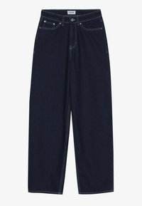 Ciemne spodnie z denimu o prostych nogawkach, z zapięciem na guziki, przednimi kieszeniami i kontrastowymi białymi przeszyciami.