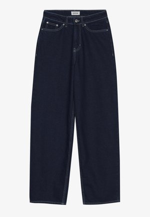 Pantalones de mezclilla oscura con diseño de pierna recta, con cierre de botón, bolsillos delanteros y costuras blancas contrastantes.