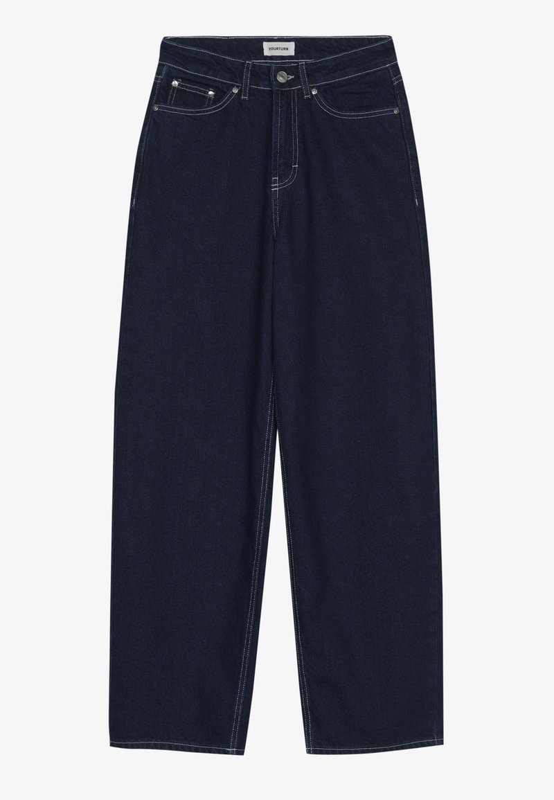 Ciemne spodnie z denimu o prostych nogawkach, z zapięciem na guziki, przednimi kieszeniami i kontrastowymi białymi przeszyciami.