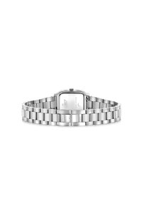 Silver stainless steel watch with a rectangular case, linked bracelet, and engraved back. Minimalistic design with polished accents.