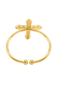 Goldring mit einem Kreuzdesign an der Spitze, ausgestattet mit einem glatten Band und zwei kugelförmigen Akzenten auf beiden Seiten der Öffnung.