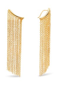 Pendientes en tono dorado que cuentan con múltiples cadenas en cascada, creando un efecto de flecos. Parte superior curva y suave con eslabones de cadena colgantes.