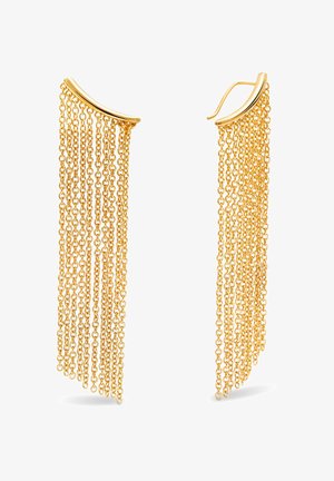 Boucles d'oreilles en ton or avec plusieurs chaînes en cascade, créant un effet de frange. Partie supérieure lisse et incurvée avec des maillons de chaîne suspendus.