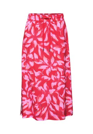 Roter Midirock mit pinkem Blumenmuster, elastischem Bund und Kordelzug, mit seitlichen Schlitzen.