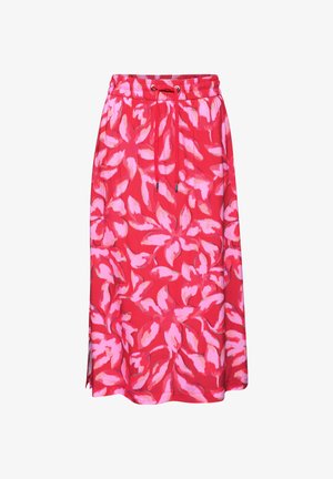 Roter Midirock mit pinkem Blumenmuster, elastischem Bund und Kordelzug, mit seitlichen Schlitzen.