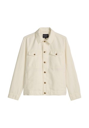 Cremefarbene, zum Knöpfen vorgesehene Jacke mit Kragen, zwei aufgesetzten Brustklappentaschen mit Knöpfen und seitlichen Schlitztaschen, flach auf weißem Hintergrund dargestellt.