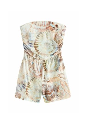 Rihmadeta kombinesoon elastse vöökohaga, millel on beeži, pruuni ja helesinise toonides pastelsed merikarpide trükised valgel taustal.