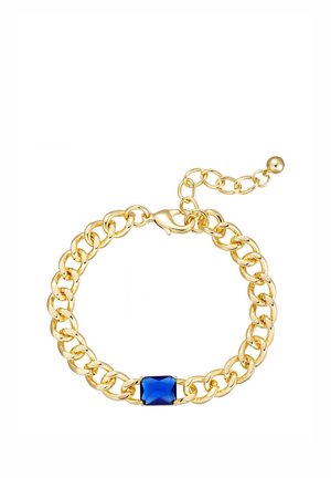 Guld kæde armbånd med en rektangulær blå ædelsten i midten og en justerbar lås med en lille guldkugle i enden.