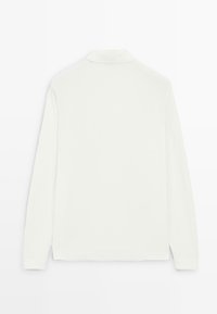 White long-sleeve polo shirt with collar, shown from the back, laid flat against a white background.