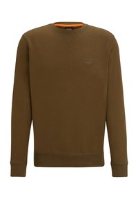 Felpa in cotone marrone con colletto a girocollo, polsini e orlo a costine. Presenta un piccolo badge con logo sul petto e una finitura a contrasto all'interno del colletto.